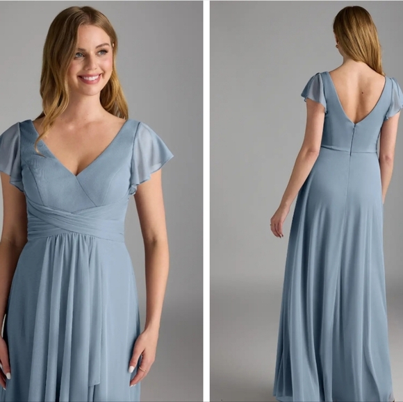 Azazie Women's Dusty Blue Whimsical Tierd A-Line Chiffon Bridesmaids Dress. S 10 - Picture 3 of 9